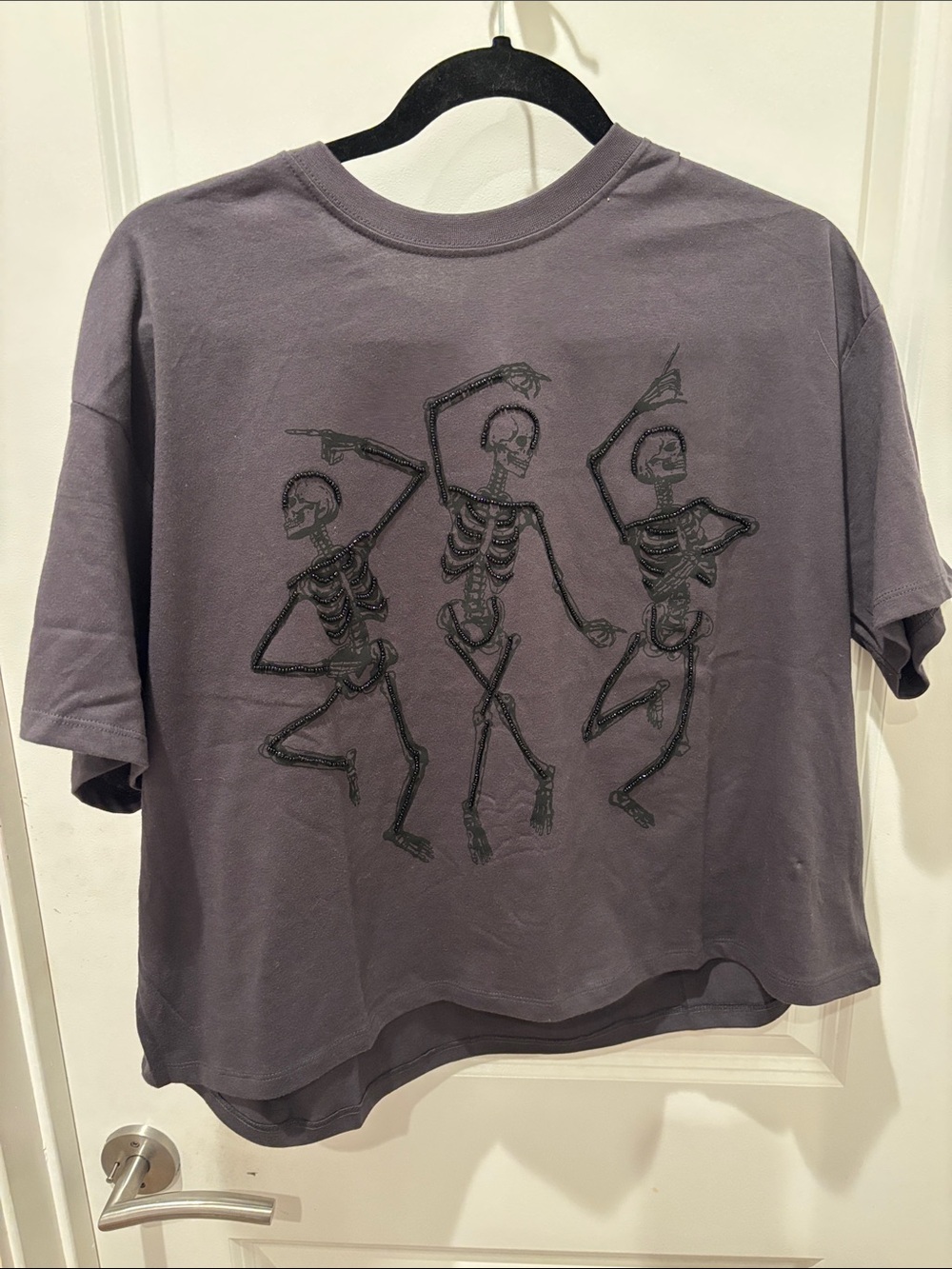 NWT La Luna charcoal Gray beaded Skeleton Dance Graphic Tee- S